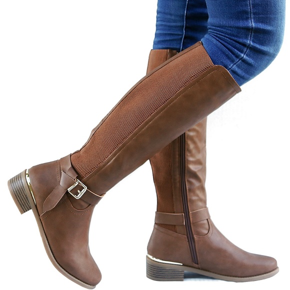 Shoes | New Tan Slim Calf Elastic Knee High Riding Boots | Poshmark